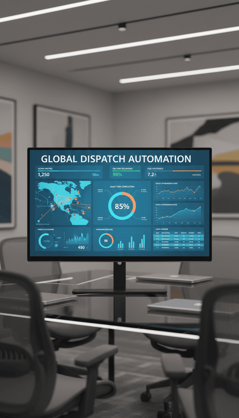 Modern dispatch automation dashboard with data visualizations in a tech office