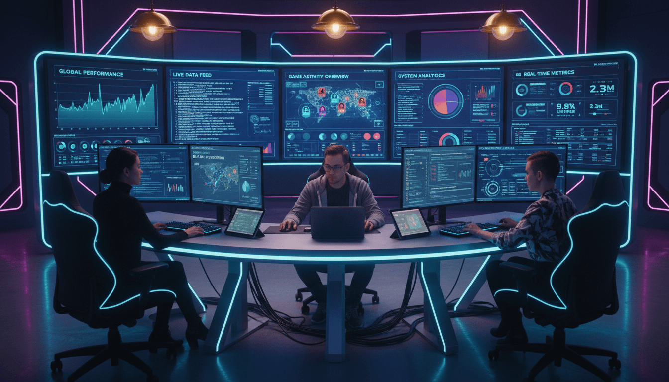 Modern analytics monitoring center with diverse team reviewing colorful real-time performance data on large wall-mounted displays